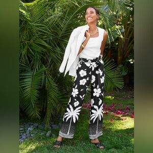 Talbots Wide Leg Pants Palm Beach Border Large Petite Silky Feel Fabric